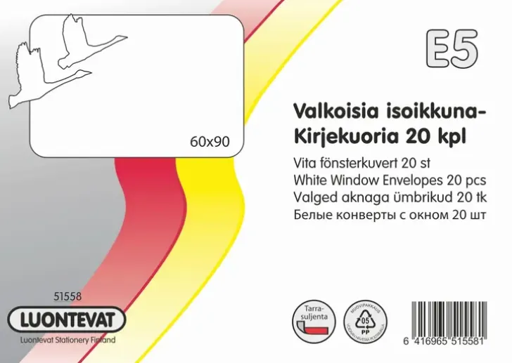 Luontevat Isoikkunakirjekuoria E5 Valkoinen 20Kpl